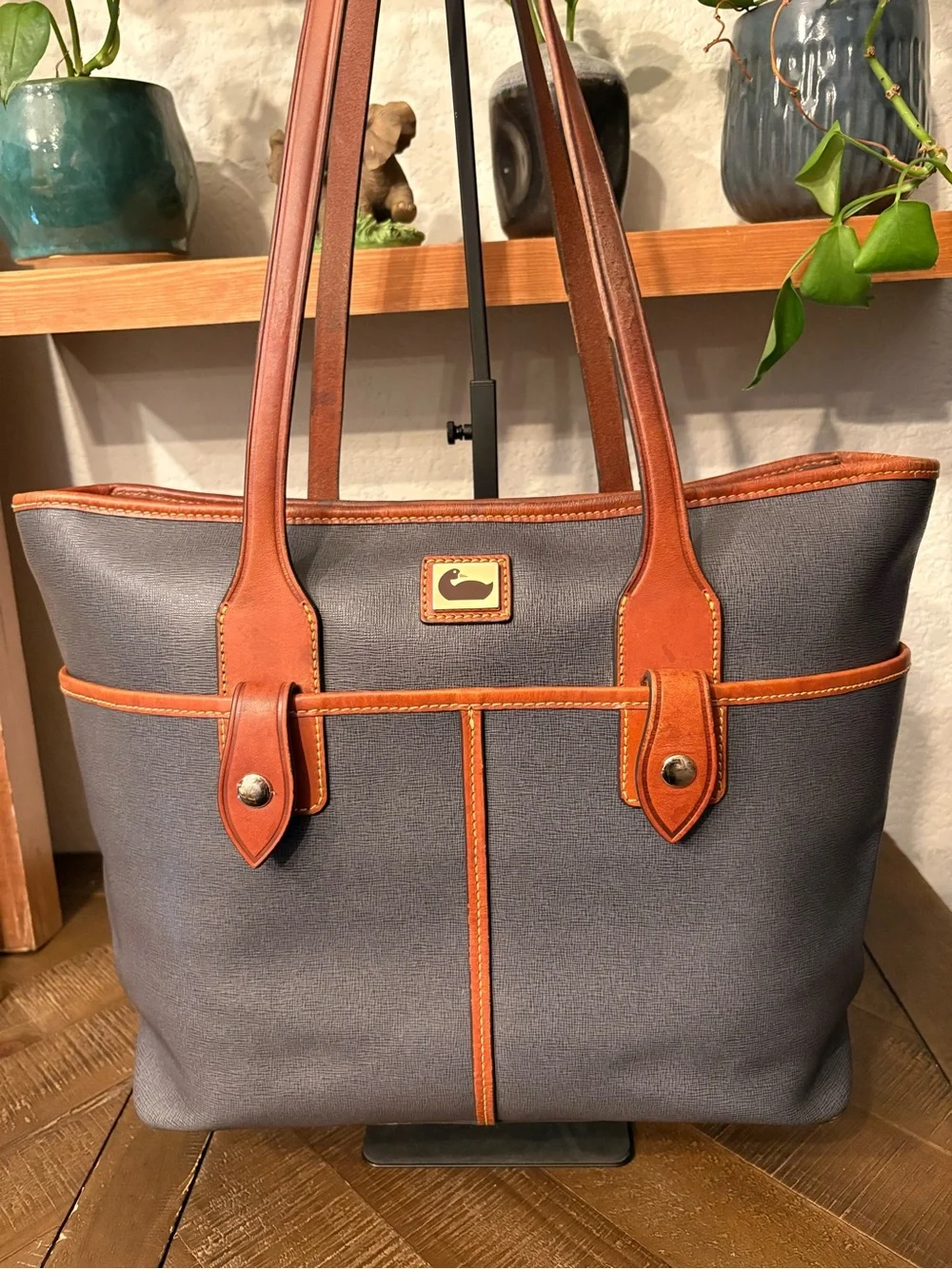 Dooney & Bourke Lexington Navy Coated Canvas Shopper Tote British Tan Leather